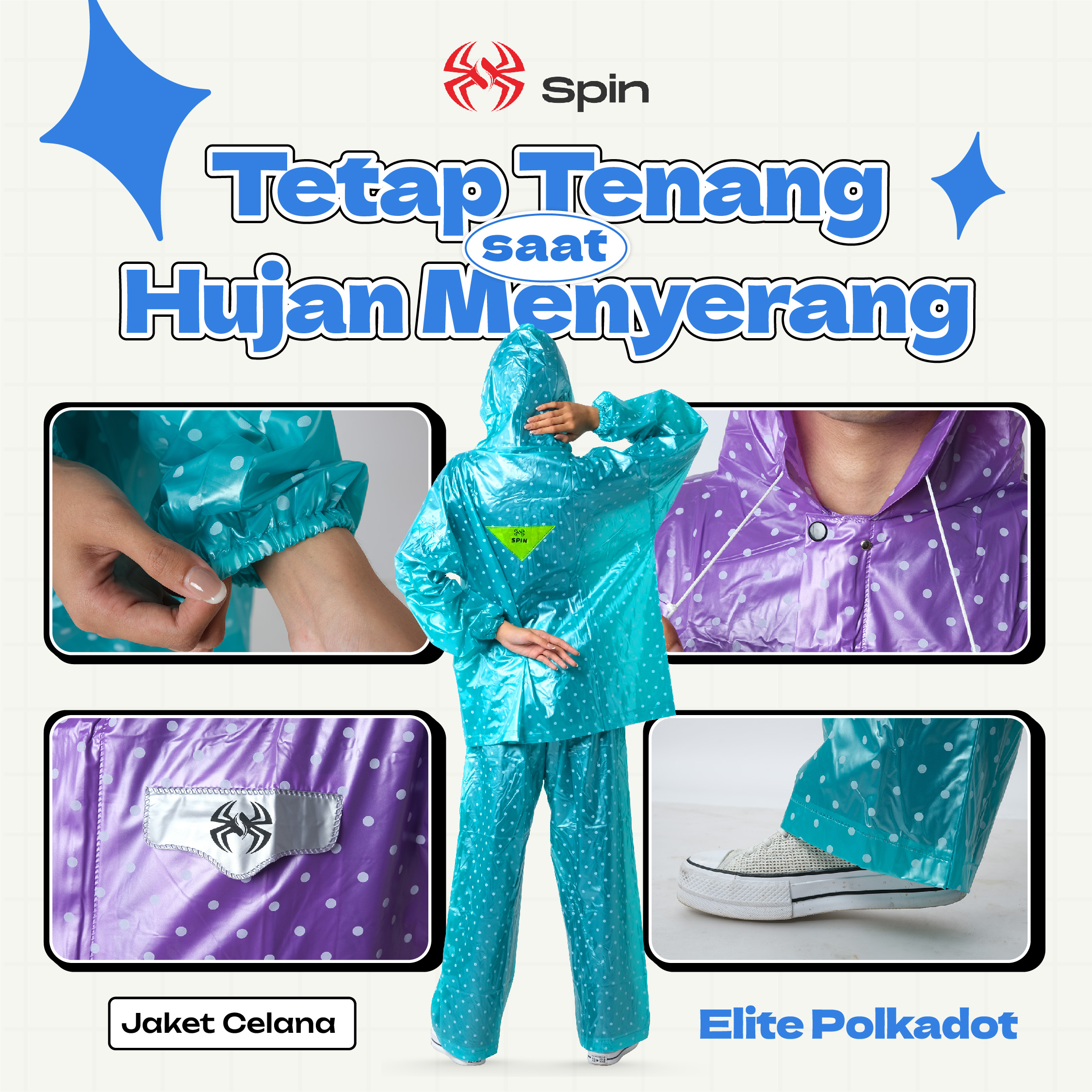 Fitur jas hujan polkadot dengan kerah dan kantong